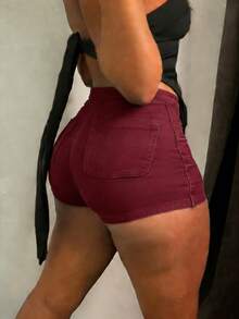 Women's Mid Rise High Stretch Denim Shorts - Light Blue Washed Slim Fit Butt Lifting Hot Pants, American Retro Y2K Style For Daily Wear & Music Festival - Màu Đỏ Sâu - Xem 5