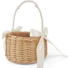 1pc Handwoven Rattan Flower Girl Basket, With Pearl Handle And Bow Decor, Suitable For Baby Shower Flower Girl Use - Apricot - View 12