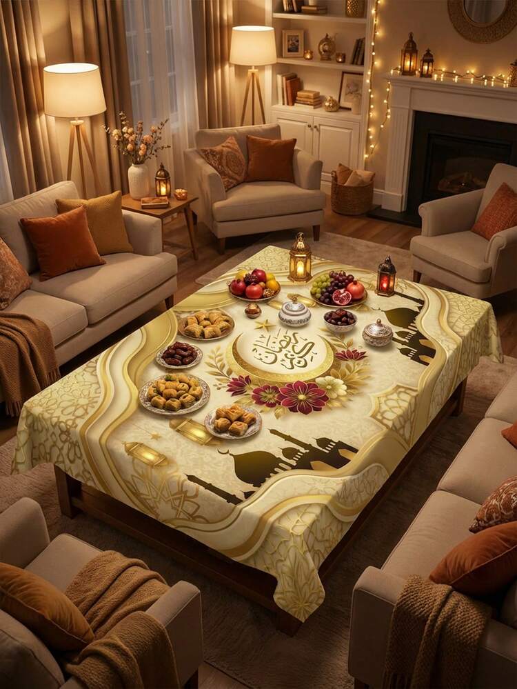 1 件“斋月吉祥”伊斯兰风格桌布 - 绿色金色城堡图案，饰以新月和灯笼，是咖啡桌、客厅和节日家居装饰的文化中心装饰品。 - 彩色 - 查看 4