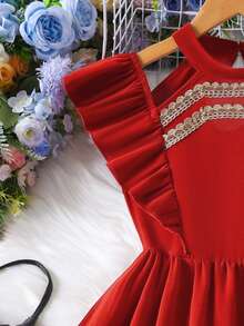 Girls' Fashionable Elegant Off-Shoulder Round Neck Ruffle Hem Mid-Length Dress - Red - View 7