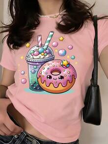 Teen Girls' Cute Aesthetic Crop Tee, Donut & Bubble Tea Print, Star Accent, Slim Fit Top, For Friend Shopping, Weekend Hangout, Casual Daily Wear - Pink - View 9