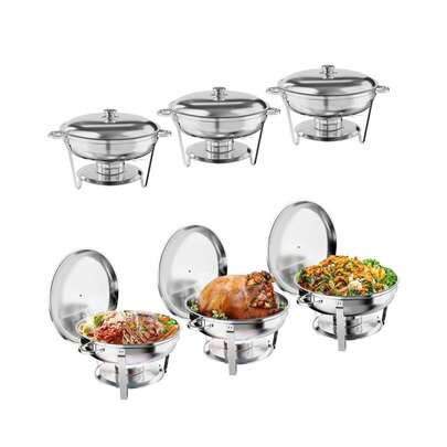 Superior 5QT Round Stainless Steel Chafing Dish Buffet Set, 6-Pack Food Warmers & Servers With Lids, Water & Food Pans, Fuel Holders, Serving Utensils, For Catering, Parties, Weddings, Events