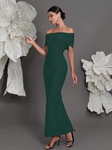 露肩绷带针织紧身连衣裙，奢华欧式风格，修身铅笔裙，适合家庭聚会、派对、宴会、婚礼等春季派对。 - 墨綠色 - 查看 3