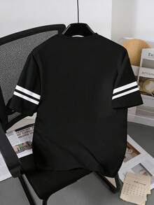 1 chiếc áo thun cổ tròn phối màu đen trắng thời trang thường ngày cho bé trai tuổi teen, thích hợp mặc mùa hè. - màu đen - Xem 2