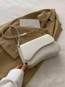 1pc Minimalist Solid Color Flap Shoulder Bag, Classic Textured Crossbody Bag, Women Handbag - White - View 2