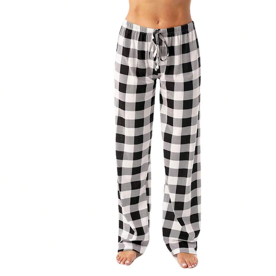 Pajamas Pants For Men 2025 Lounge Cute Plaid Pants Soft Comfy Wide Leg Trousers Sleep Bell Bottom - 黑與白 - 查看 1