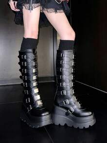 Women's Goth Platform Knee High Boots Fashion Metal Buckle Wedges High Heels Round Toe Zip Punk Combat Boots - Đen A - Xem 8