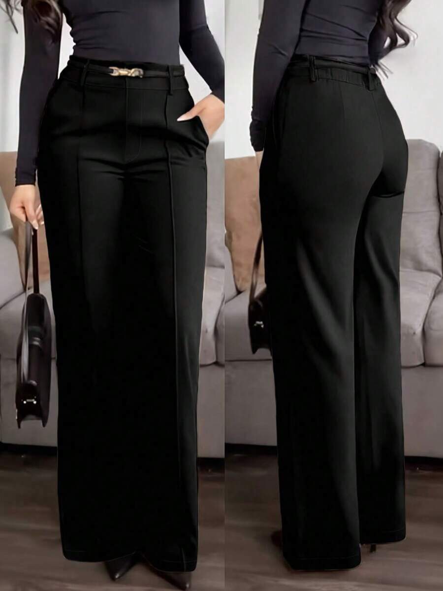 （不含腰带）女士纯色直筒裤，前部褶裥设计，纽扣和拉链闭合，搭配系腰带衬衫和高跟鞋，打造干练的办公室造型；搭配白色T恤和运动鞋，打造轻松休闲的现代春季风格。黑色 - 黑色 - 查看 1