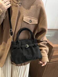 复古麂皮休闲单肩包，大容量手提包，简约时尚水桶包，适合通勤、购物、约会、旅行、办公、商务、生日礼物等场合，拉链封口，可调节肩带，肩带装饰 - 黑色 - 查看 4