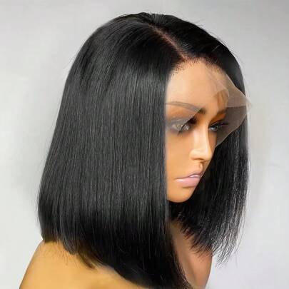 180% 密度真人发波波头假发，13x4 高清透明蕾丝前假发，预先拔毛的真人发短款波波头无胶直发假发，女士真人发，自然黑色，12 英寸