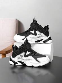 Youth/Teen Hook And Loop Closure Leather Basketball Shoes, Design - Black and White - View 4