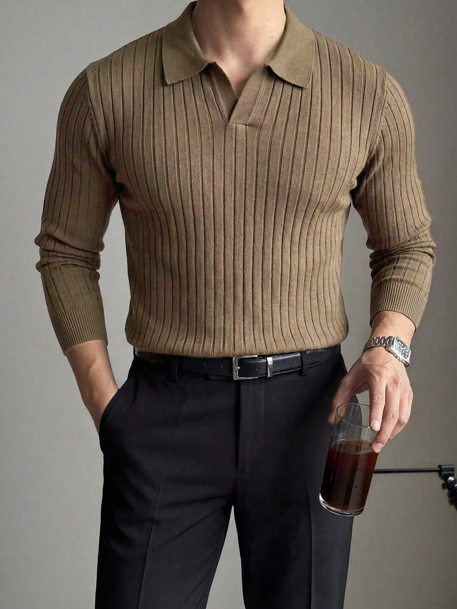 Men's Solid Color Ribbed Vertical Ribbed Knit Sweater, Simple And Versatile Long Sleeve Top - Brown - View 1