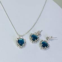 Venetian Chain Necklace And Heart Earring Set With Micro-Pave Cubic Zirconia Stones, Semi-Precious Jewelry Plated In 925 Silver. - 藍色 - 查看 2