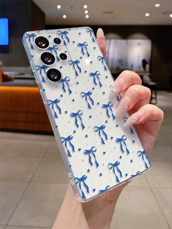 1pc Fashionable Minimalist Full-Screen Blue Polka Dot Heart Bow Design Soft TPU Transparent Protective Phone Case, Anti-Scratch Anti-Fingerprint Camera Lens Protection, Compatible With Samsung, Nothing, Pixel,