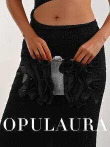OpulAura 女士优雅迷人花瓣宴会手拿包，荷叶边设计，正式晚宴包，适合婚礼/度假/正式派对/盛会，配有链条肩带，花瓣形状随机 - 黑色 - 查看 8