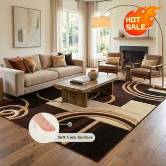 Alfombra premium gruesa y densa - Versión de textura de cachemira, con franjas arqueadas entretejidas en marrón oscuro y beige, complementadas por elementos circulares rítmicos. Lavable a máquina para un mantenimiento fácil; tela de alta densidad con respaldo antideslizante de TPR, resistente al desgaste y a la decoloración. Decoración de baño