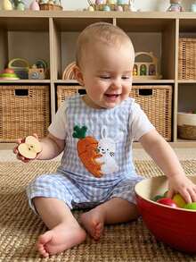 Mono de Pascua para bebé niño, sin mangas, cuello redondo, con bordado de conejito, mono para recién nacido - Azul - Ver 7