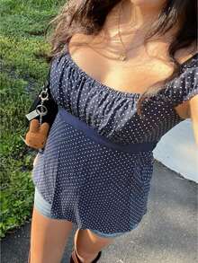 Tops De Mujeres For Going Out Cap Short Sleeve Scoop Neck Tees Dots Print  Pelpum Top Shirt Harajuku Vintage Clothes Y2K Loungewear - 藍色 - 查看 1