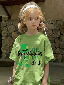 这款圣帕特里克节女童短袖T恤采用独特的印花和柔软的圆领设计，是一款休闲浅绿色T恤。 - 綠色 - 查看 1