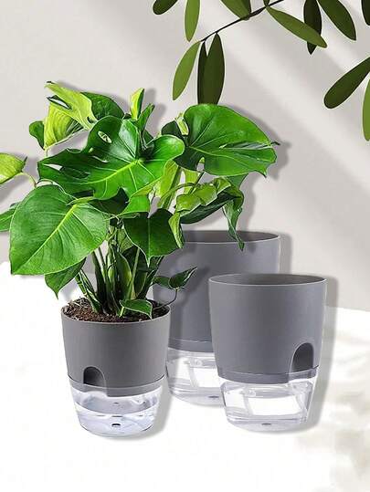 3Pcs Self Watering Planter Pots Modern Decorative Flower Pot With Transparent Water Storage Bottom With Wick Rope (6/4.1/3.2 Inch)