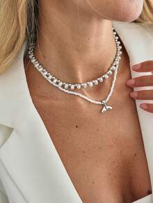 2件套海洋度假风仿珍珠串珠鱼尾吊坠项链，优雅奢华，适合婚礼、派对、海滩、休闲、街头风格，女士及情侣适用，节日、生日皆宜，百搭礼物 - 混色 - 查看 4