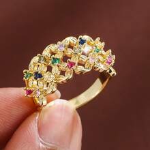 1pc Fashion Grid Flower Design Cubic Zirconia Inlaid Women's Casual Gift Ring - Multicolor - View 6