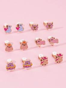12pcs/Set Cute Cartoon Capybara Clip-On Earrings, Jewelry Set For Girls, Daily Wear, Birthday Gift - Multicolor - View 8