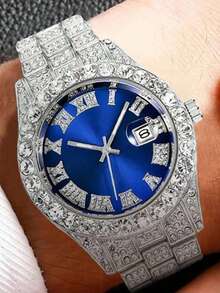 3pcs Luxury Crystal Inlaid Men's Silver Watch Set, Including 1 Crystal Blue Roman Numeral Quartz Watch, 1 Silver Chain Bracelet, 1 Black Rhombus Textured PU Wallet, With Silver Metal Strap And Sparkling Crystal Bezel. - Silver - View 6