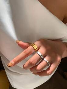 1 pieza Anillos de acero inoxidable minimalistas de 3.5mm y 6.5mm para mujeres, anillos planos para dedos, joyería de compromiso de moda - Dorado - Ver 2