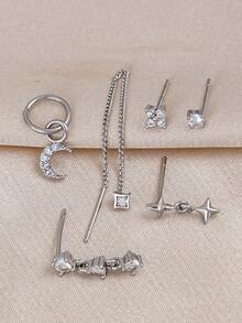 6pcs Cubic Zirconia Star & Moon Dangle Earrings, Suitable For Women's Daily Wear, Dates, Parties - Silver - View 3