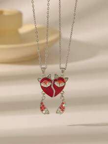 Couple's Fox Heart Pendant Necklace Set, Red Enamel Fully Studded Fox Tail Design, Valentine's Day Gift For Couples & Best Friends, Golden Jewelry - Multicolor - View 13