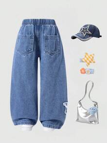 1pc Girls Casual Minimalist Star & Snowflake Print Denim Pants, Comfortable Daily Wear, Spring/Summer New Arrival - Dark Wash - View 2