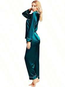 Valentine's Day Limited High-End Fashion Satin Silk Women's Pajama Set Long Sleeve Button-Down Sleepwear XS-3XL Comfortable Warm Loungewear - Màu xanh lam - Xem 5