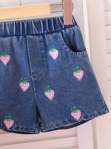 2pcs/Set Young Girls' Vacation Casual 3D Strawberry Embroidery Round Neck Top And Denim Shorts Set, Lightweight Summer - Watermelon Pink - View 6