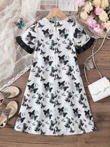 Girls Toddler Butterfly Pattern Ruffle Trim Short Sleeve Lace Decor Dress, Summer - Black - View 2
