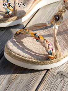 WRCVS 米色女士凉鞋，编织带凉鞋，夏季厚底厚底凉鞋，手工串珠编织，随机图案，轻便度假凉鞋，波西米亚风增高户外凉鞋 - 米色 - 查看 8