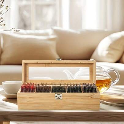 Caja organizadora de bolsitas de té con 5 compartimentos, de material de bambú y madera, organizador visible para bolsitas de té, adecuado para el hogar, fiestas de té, estilo rústico