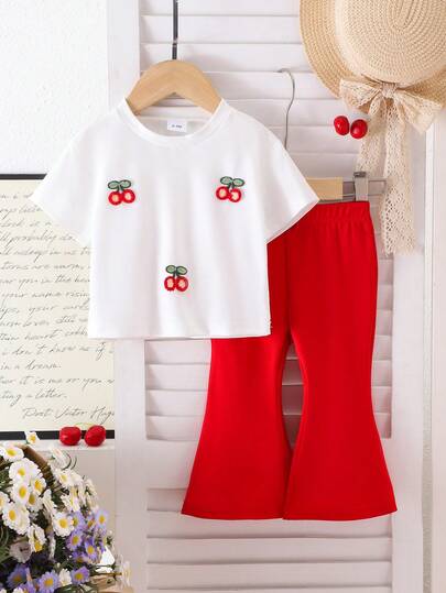2pcs Baby Girls' Cute Cherry Pattern White Short Sleeve T-Shirt + Red Pants Set, Casual For Spring/Summer, Suitable For Home & Outdoor