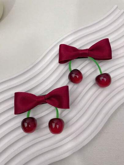 2个纯色可爱波西米亚风涤纶（聚酯纤维）红色樱桃蝴蝶结发夹，刘海夹，发饰，适合所有季节