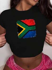 Grunge South African Flag Art Fashionable Women's Short Sleeve T-Shirts - Black - View 6
