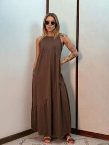 Women's Long Dress, Cotton Knit, Aveloz - 深棕色 - 查看 1