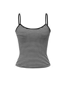 Vaiaye 女士时尚内衣风上衣，春夏条纹印花圆领修身休闲度假性感吊带背心，适合情人节穿着。 - 黑白條紋 - 查看 3