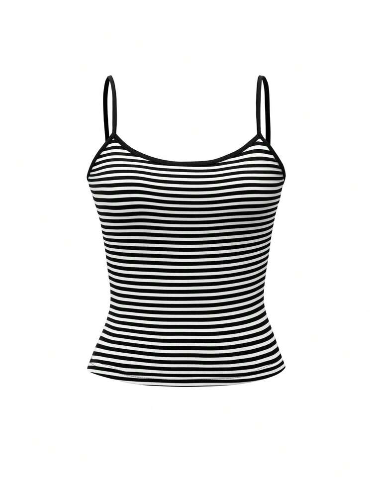 Vaiaye Damen Mode Lingerie Stil Top und Frühling/Sommer gestreifter Muster Rundhals Passform Lässig Urlaub Sexy Trägerhemd, geeignet für Valentinstag - schwarze und weiße Streifen - Übersicht 3