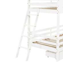 Våningssäng för barn med charmiga fönster och tak, en stadig ribbotten och stege, plus två stora lådor. Furu + MDF + plywood, vit + naturfärgad, 90 x 200 cm - Vitt - Visa 11