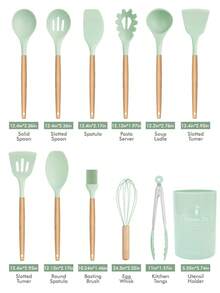 Meoky 12pcs Wooden Handle Silicone Kitchen Utensil Set, Heat Resistant Non-Stick Cooking & Baking Tools, Suitable For Kitchen - Green - Regular - View 3