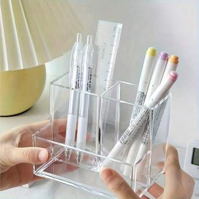 1pc Acrylic Pen Holder With Three Sections, Ideal For Desk Organization, Suitable For Students And Office Use, Serving As A Multifunctional Storage Solution.