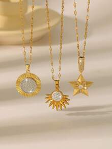 女士奢华闪耀圆盘/旭日/3D五角星吊坠项链，高光泽镀金锆石链，通勤和约会皆宜，金色首饰 - 金色 - 查看 1