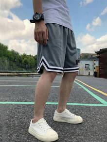 1件青少年男孩運動透氣拼接色戶外健身網球健身房籃球網布印花短褲 春夏秋返校季 - 灰色 - 查看 4