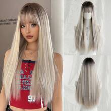 NAMM 24 Inch Long Straight White Blonde Wig For Women Mixed Brown Highlight, Gorgeous Fluffy Synthetic Wig With Bangs-Dark Roots Natural Appearance Very Soft Synthetic Heat Resistant Fiber Hair, Beautiful Full Machine Hair Wig Suitable For Fashion Girls Daily,Anime Or Costume Cosplay Decoration,Music Festival Dance Party Street Wear Use - White Highlight - View 12