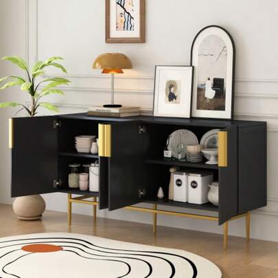 Modern, Elegant Sideboard With 4 Türen, Gold-Colored Metallgriff, Buffetschrank Für Esszimmer, Wohnzimmer, Schlafzimmer, Flur (Schwarz)
